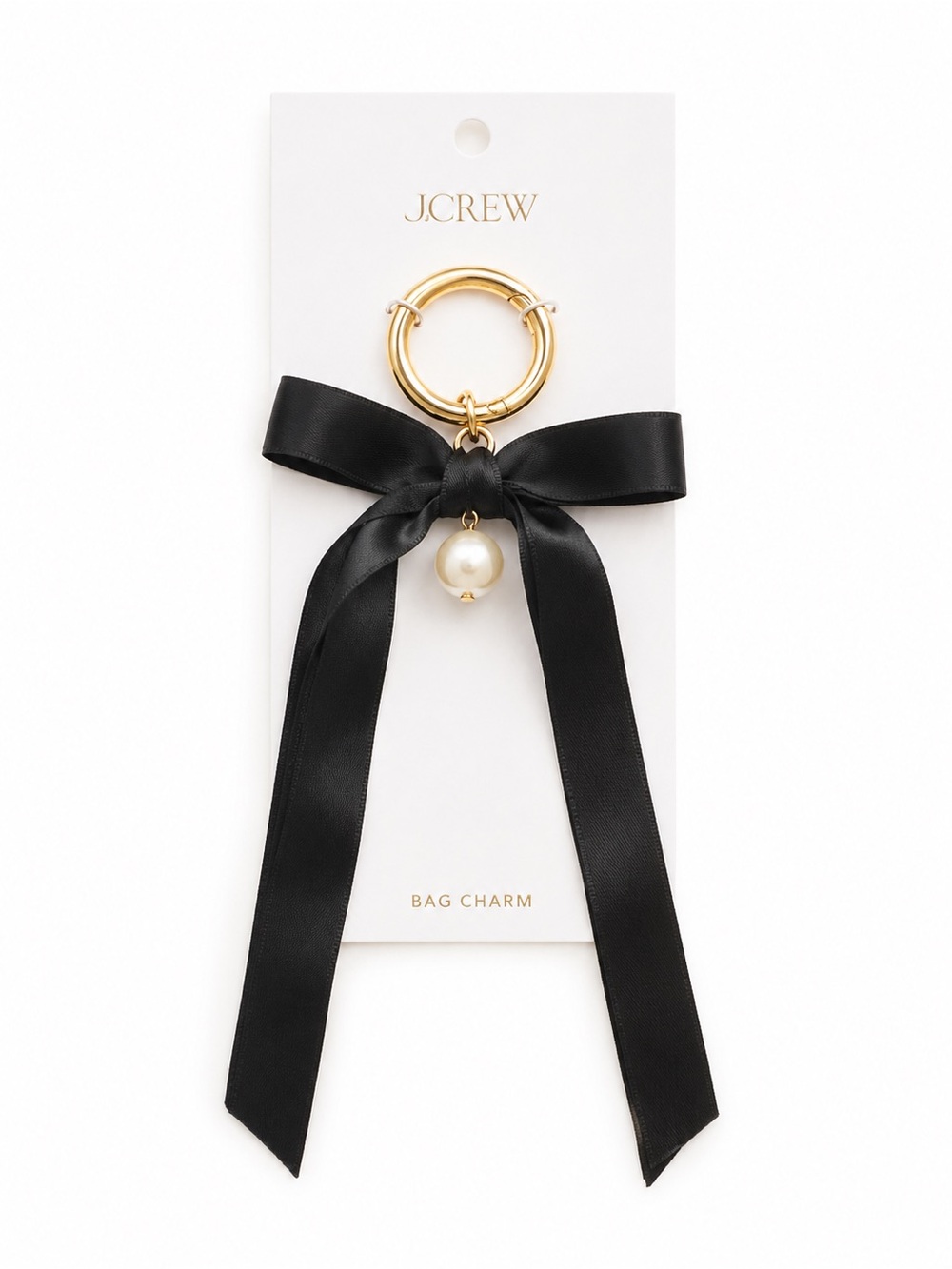 J. Crew Black Ribbon Bow Key Ring Bag Charm with Pearl and Gold Accent